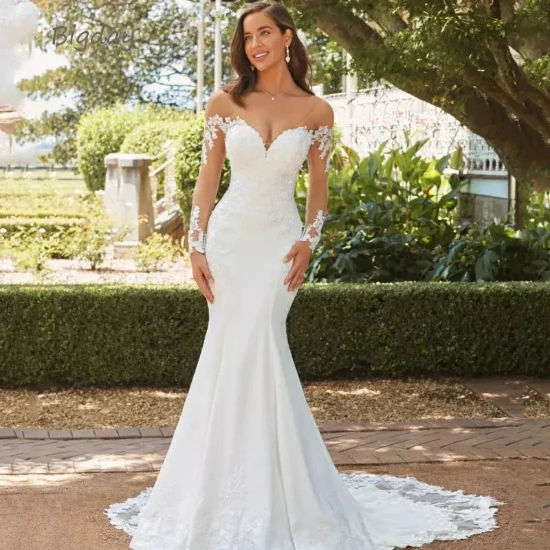 Elegant Sweetheart Mermaid Wedding Dress 2023 White Long Sleeve Open Back Lace Applique Bridal Gown Sweep Train Vestido De Novia - Image 3