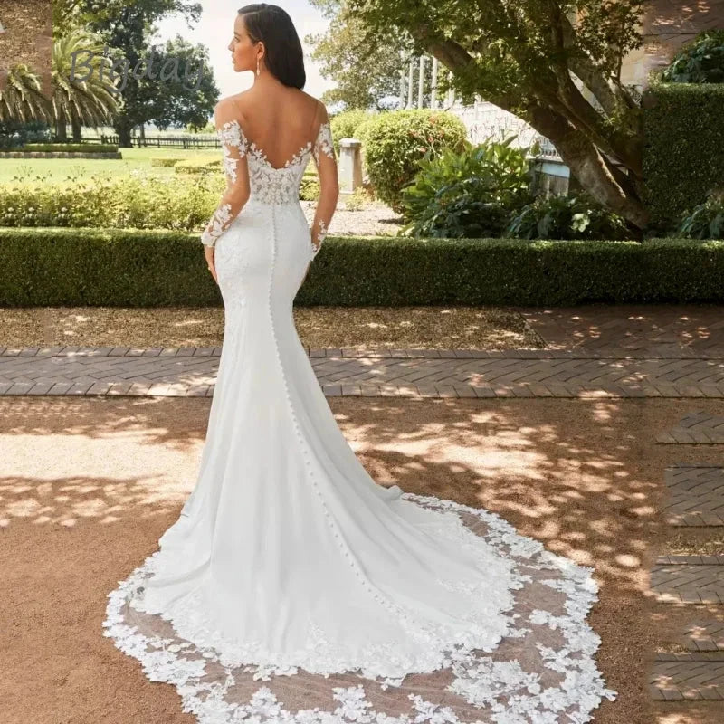 Elegant Sweetheart Mermaid Wedding Dress 2023 White Long Sleeve Open Back Lace Applique Bridal Gown Sweep Train Vestido De Novia - Image 4