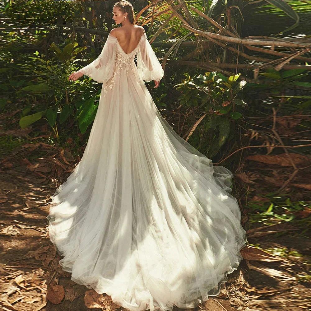 Elegant Sweetheart Neck Puff Long Sleeves Wedding Dress For Women 2023 Backless Tulle Bridal Gown Classic Robe - Image 2