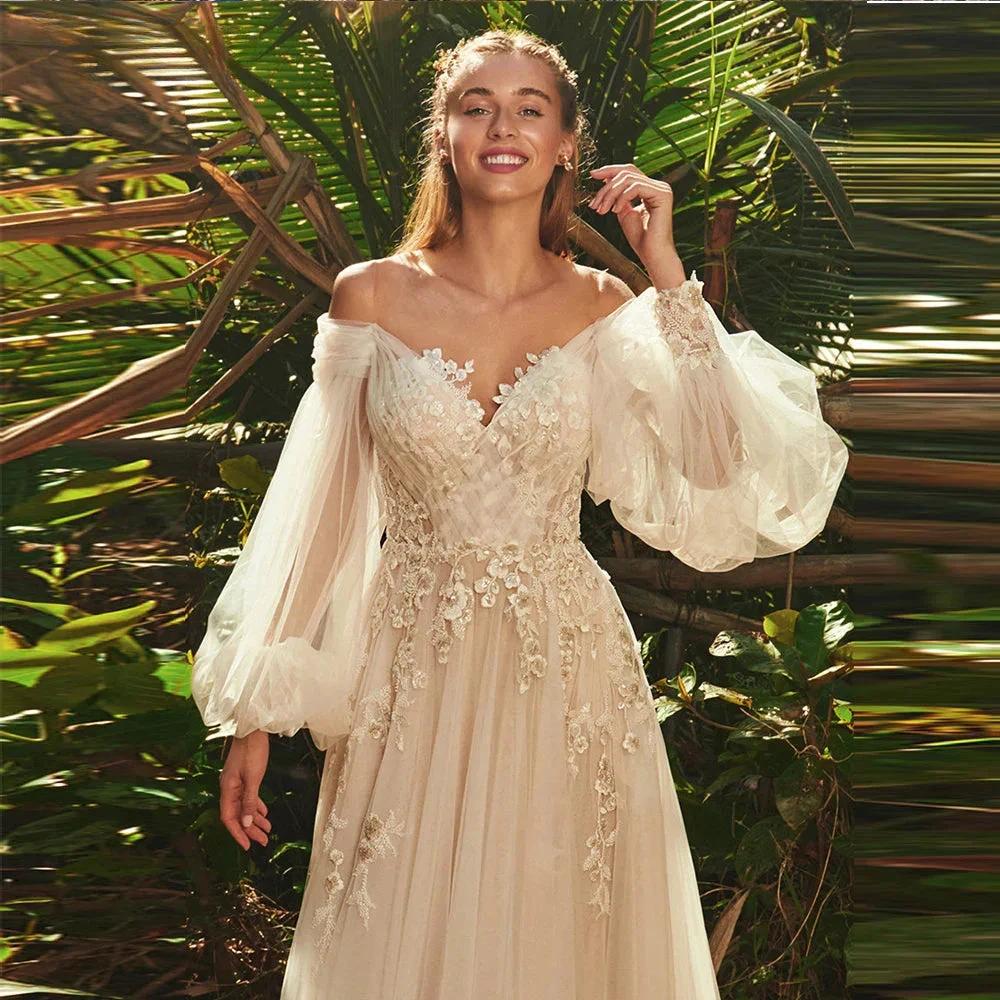 Elegant Sweetheart Neck Puff Long Sleeves Wedding Dress For Women 2023 Backless Tulle Bridal Gown Classic Robe - Image 3