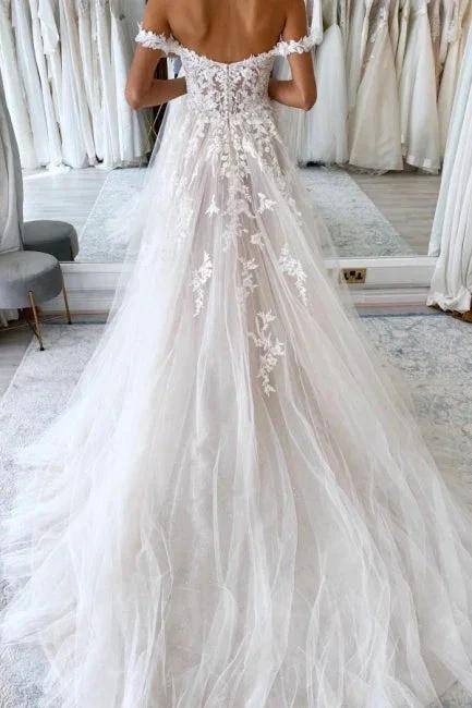 Elegant sweetheart off-the-shoulder cap sleeves a-line lace wedding dress - Image 2