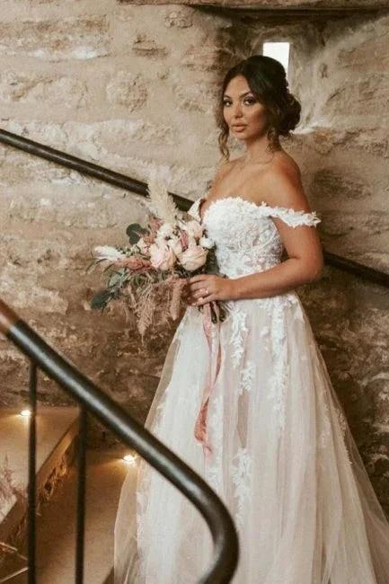 Elegant sweetheart off-the-shoulder cap sleeves a-line lace wedding dress - Image 3