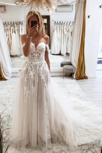Elegant sweetheart off-the-shoulder cap sleeves a-line lace wedding dress - Image 4