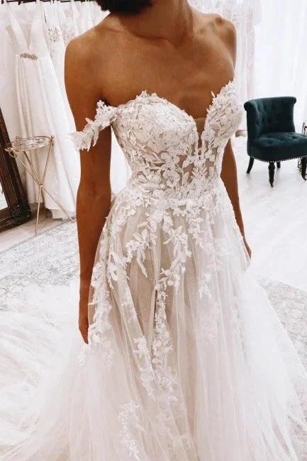 Elegant sweetheart off-the-shoulder cap sleeves a-line lace wedding dress - Image 5