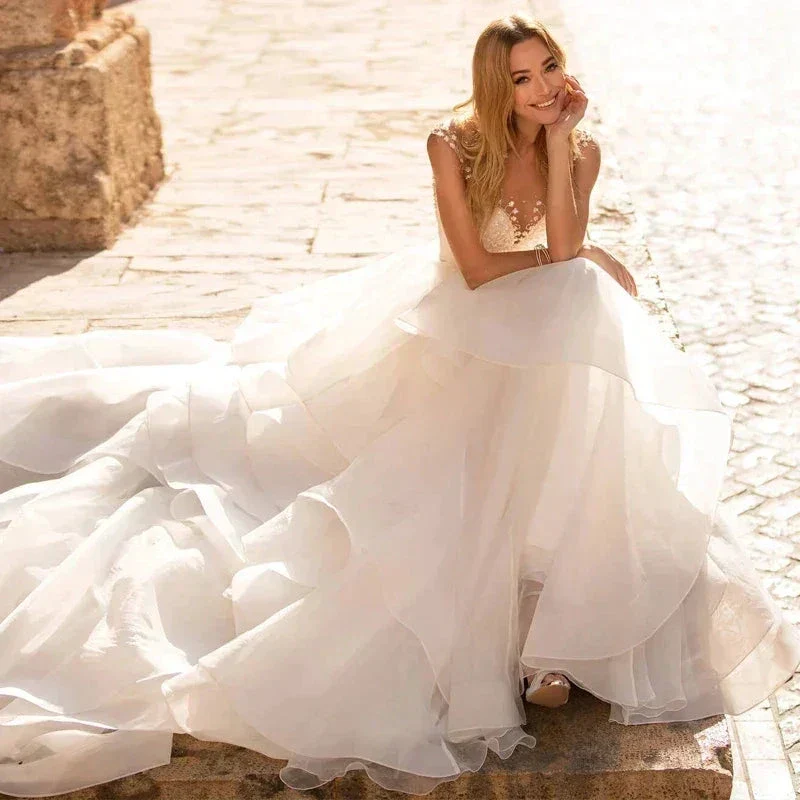 Elegant Sweetheart Wedding Dresses 2024 Applique Flowers Sleeveless Illusion Back Tiered Ball Gowns Court Train Vestido De Novia - Image 3