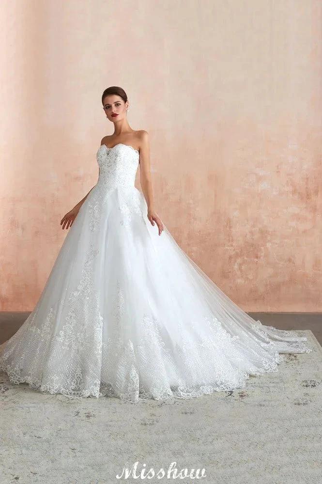 Elegant Sweetheart White Wedding Dress | Simple Tulle Beach Aline Ball Gown - Image 10