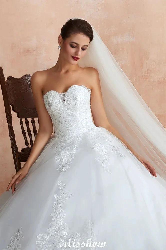 Elegant Sweetheart White Wedding Dress | Simple Tulle Beach Aline Ball Gown - Image 3