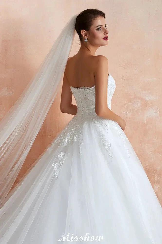 Elegant Sweetheart White Wedding Dress | Simple Tulle Beach Aline Ball Gown - Image 5