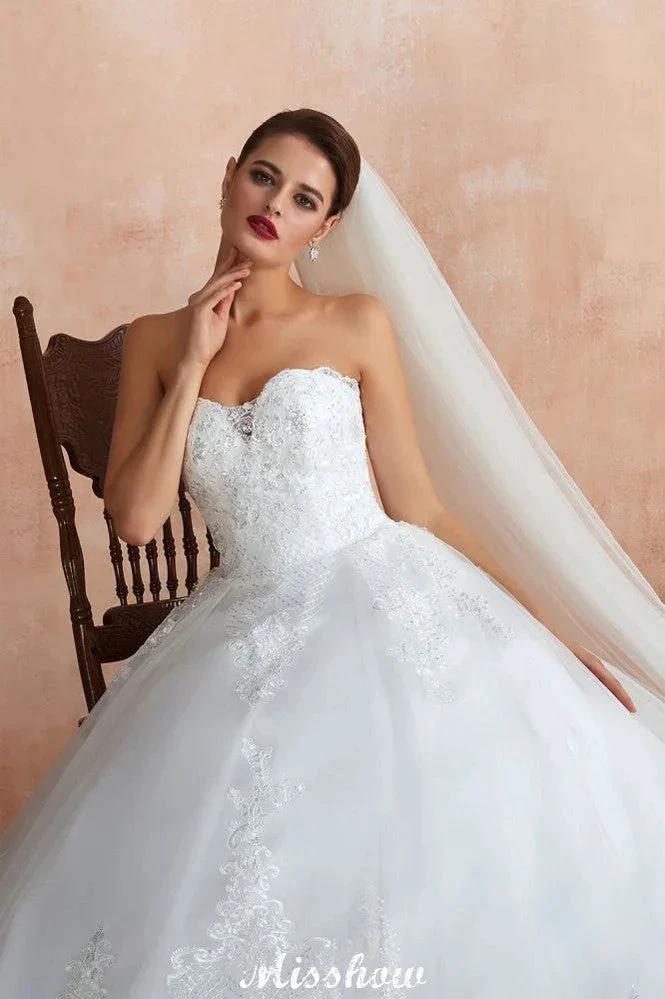 Elegant Sweetheart White Wedding Dress | Simple Tulle Beach Aline Ball Gown - Image 6