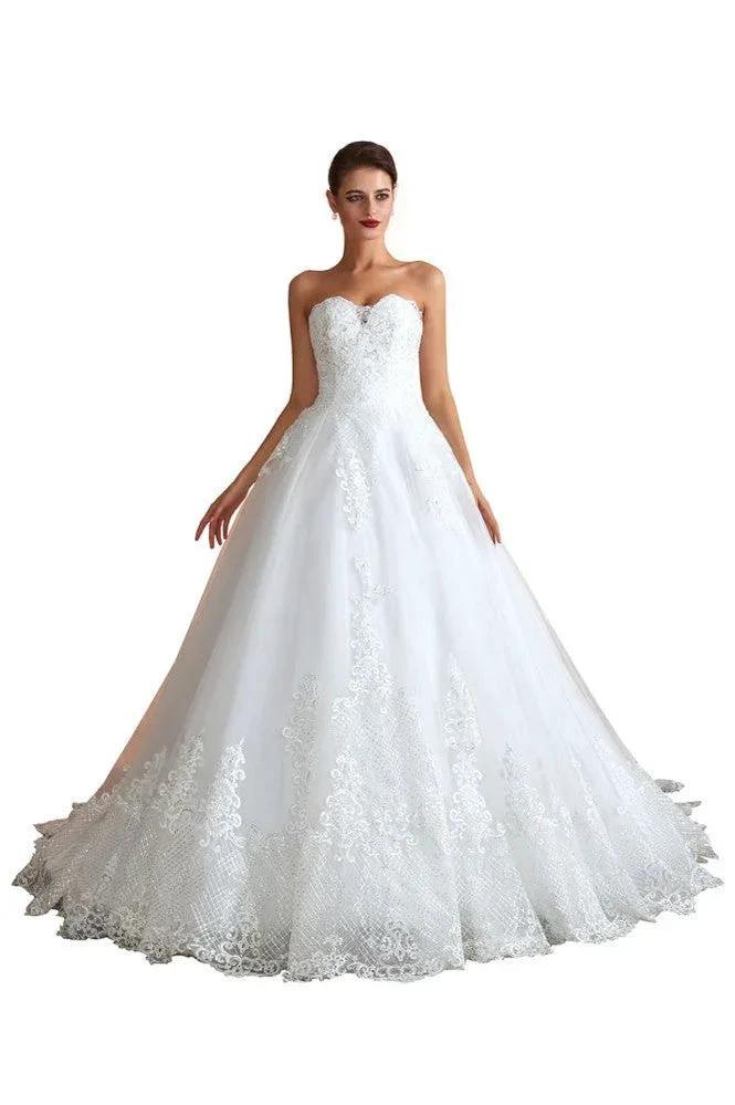 Elegant Sweetheart White Wedding Dress | Simple Tulle Beach Aline Ball Gown - Image 7