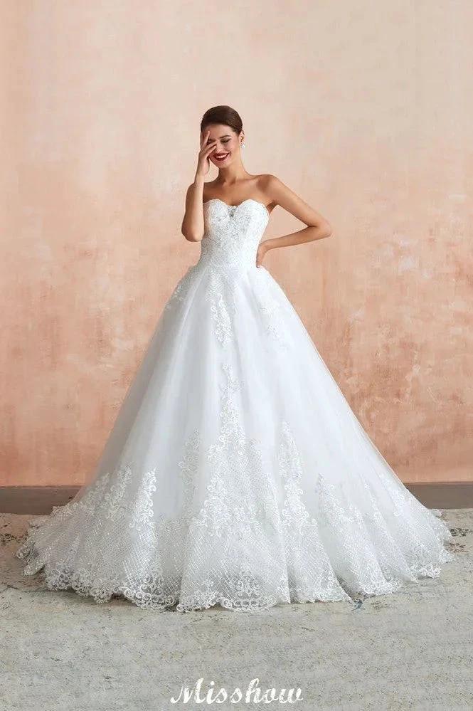 Elegant Sweetheart White Wedding Dress | Simple Tulle Beach Aline Ball Gown - Image 9