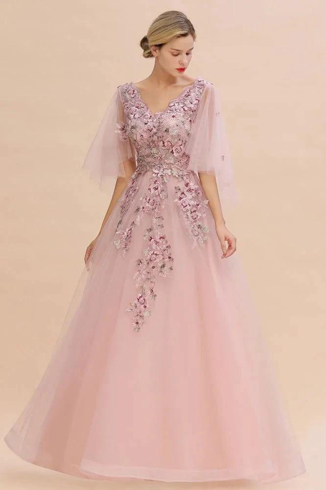 Elegant Tulle A-line Floral Wedding Dress Puffy Long Sleeves Evening Party Dress - Image 2