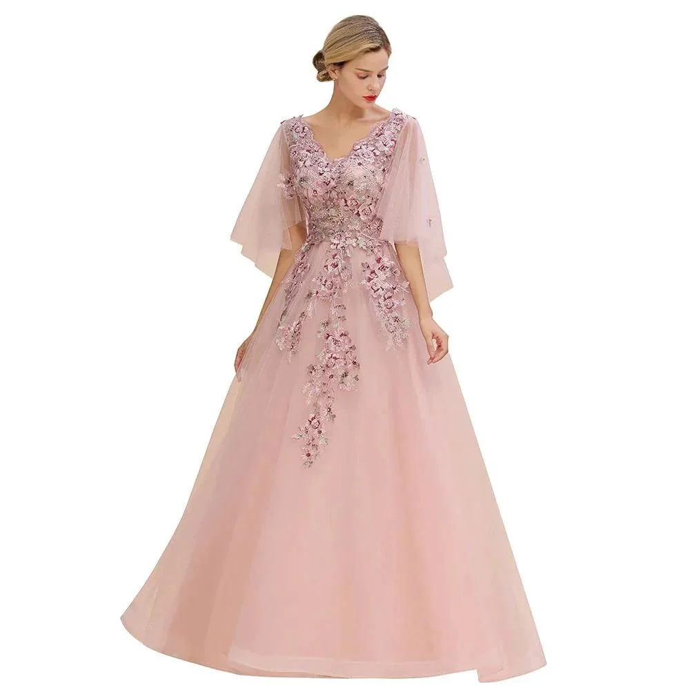 Elegant Tulle A-line Floral Wedding Dress Puffy Long Sleeves Evening Party Dress - Image 3
