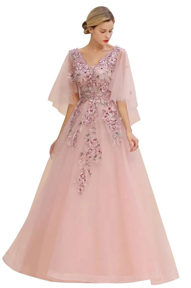 Elegant Tulle A-line Floral Wedding Dress Puffy Long Sleeves Evening Party Dress - Image 8
