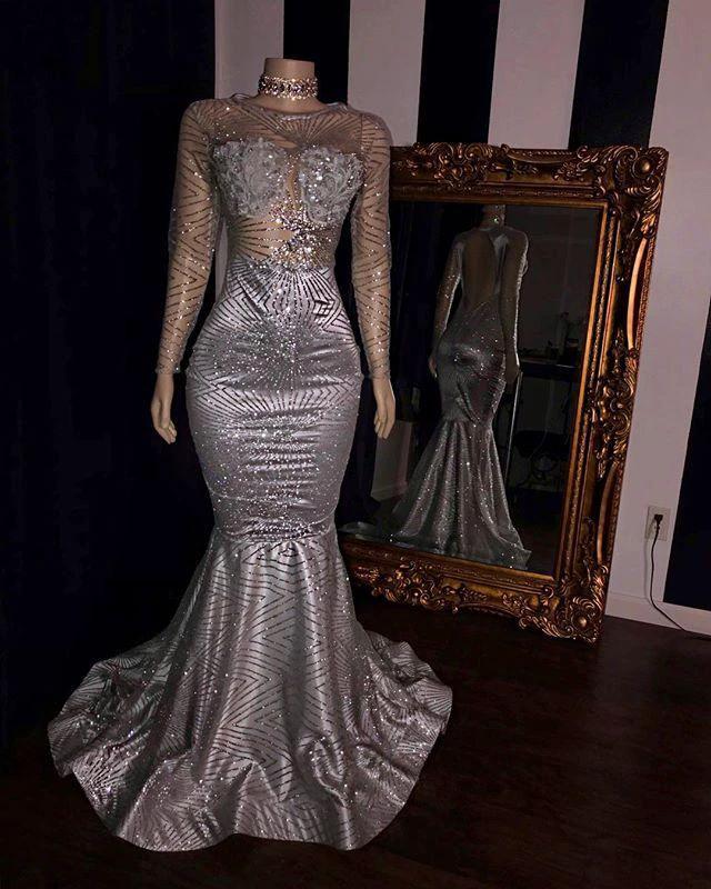 Elegant Tulle Backless Prom Dresses Sliver Long Sleeves Mermaid Evening Gowns - Image 2