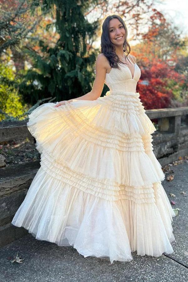 Elegant Tulle Ball Gown V Neck Side Split Layered Long Prom Dress PSK392 - Image 3