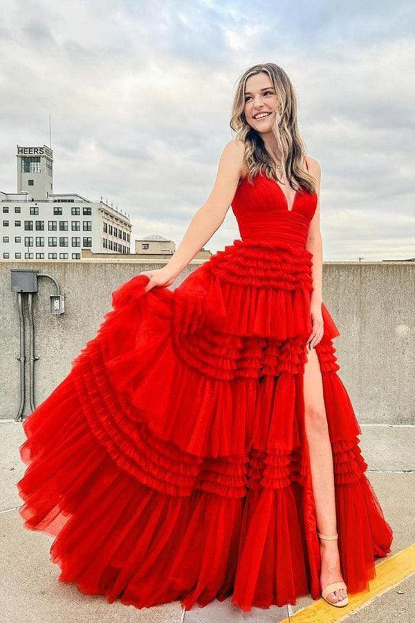 Elegant Tulle Ball Gown V Neck Side Split Layered Long Prom Dress PSK392 - Image 4