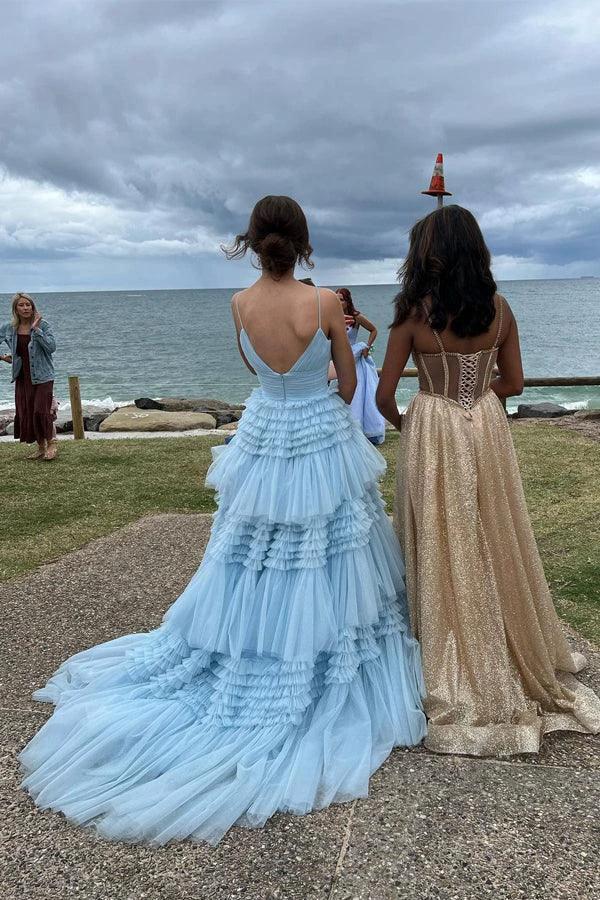 Elegant Tulle Ball Gown V Neck Side Split Layered Long Prom Dress PSK392 - Image 7