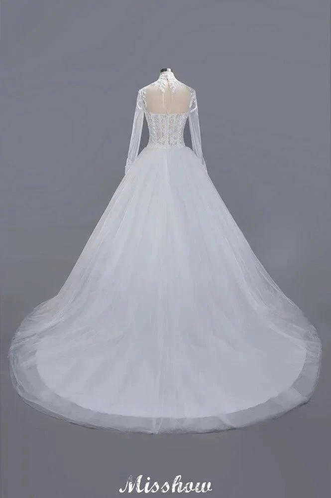 Elegant Tulle Lace Ball Gown High Neck Long Sleeves Floor Length Wedding Dress - Image 2