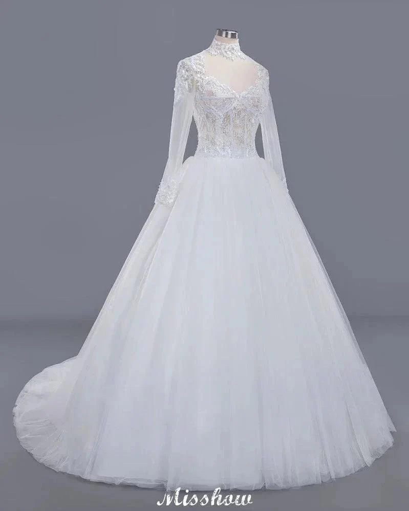 Elegant Tulle Lace Ball Gown High Neck Long Sleeves Floor Length Wedding Dress - Image 3
