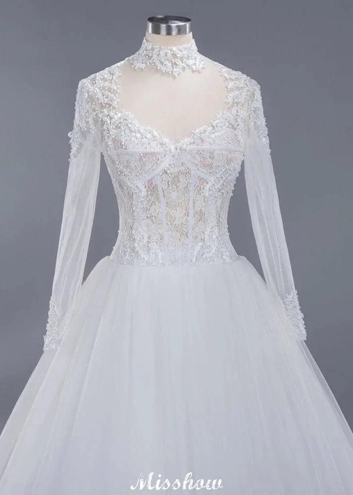 Elegant Tulle Lace Ball Gown High Neck Long Sleeves Floor Length Wedding Dress - Image 4