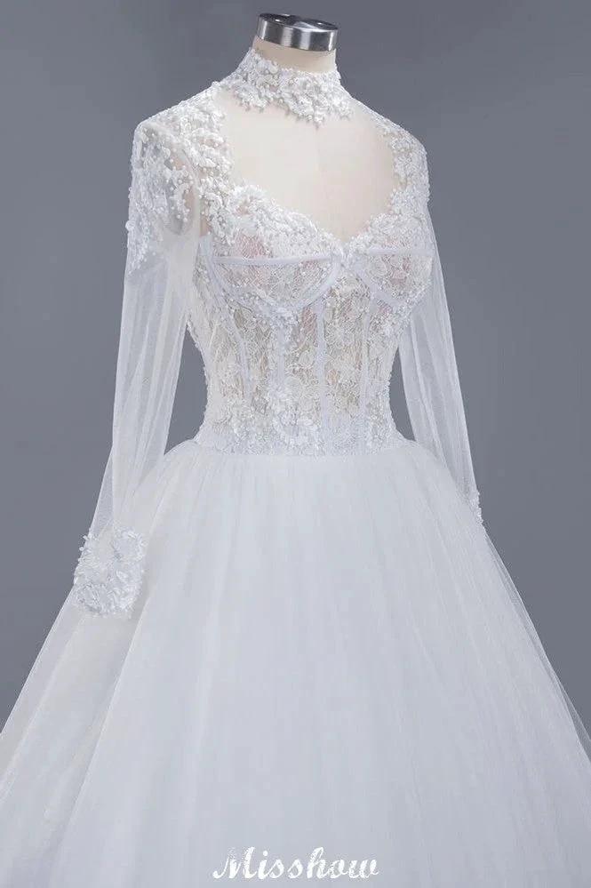 Elegant Tulle Lace Ball Gown High Neck Long Sleeves Floor Length Wedding Dress - Image 5