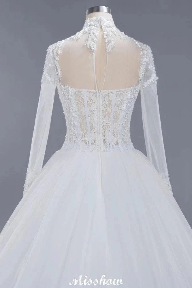Elegant Tulle Lace Ball Gown High Neck Long Sleeves Floor Length Wedding Dress - Image 6