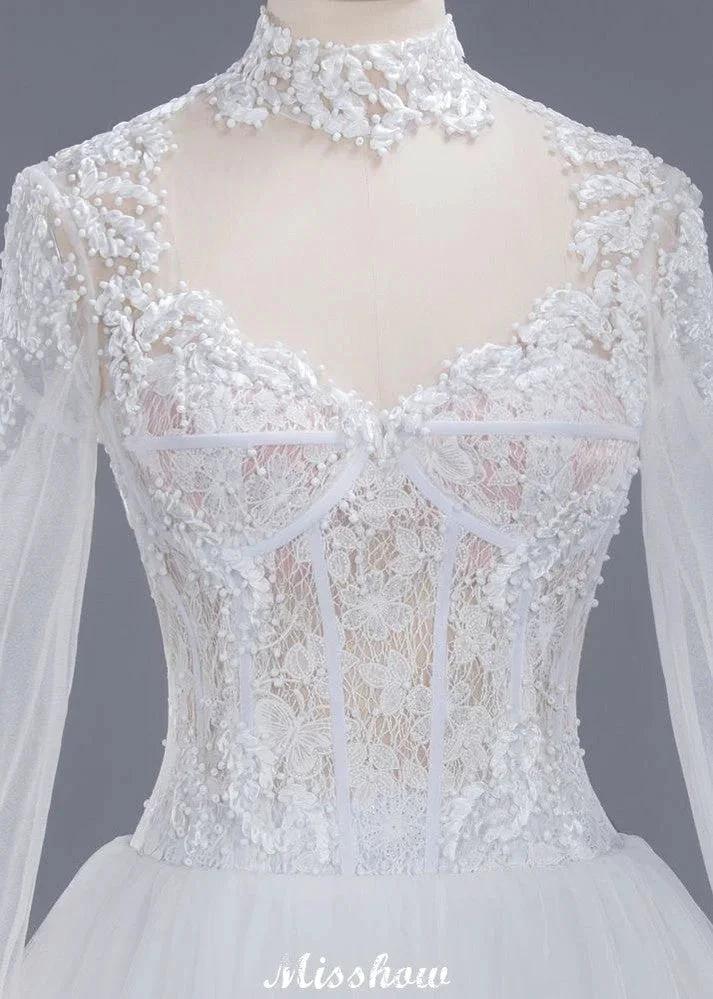 Elegant Tulle Lace Ball Gown High Neck Long Sleeves Floor Length Wedding Dress - Image 7
