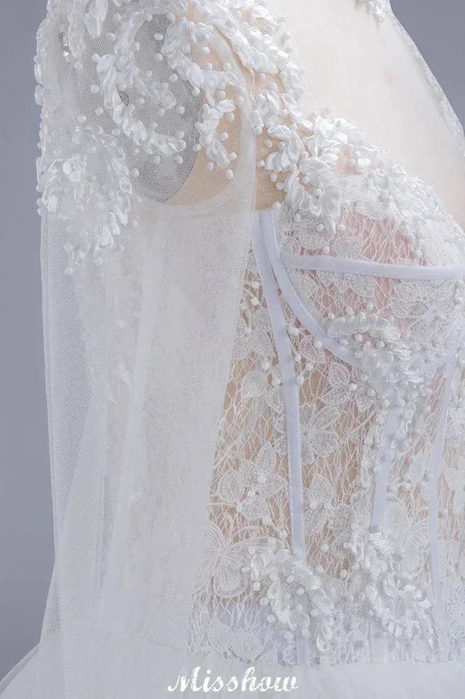 Elegant Tulle Lace Ball Gown High Neck Long Sleeves Floor Length Wedding Dress - Image 9