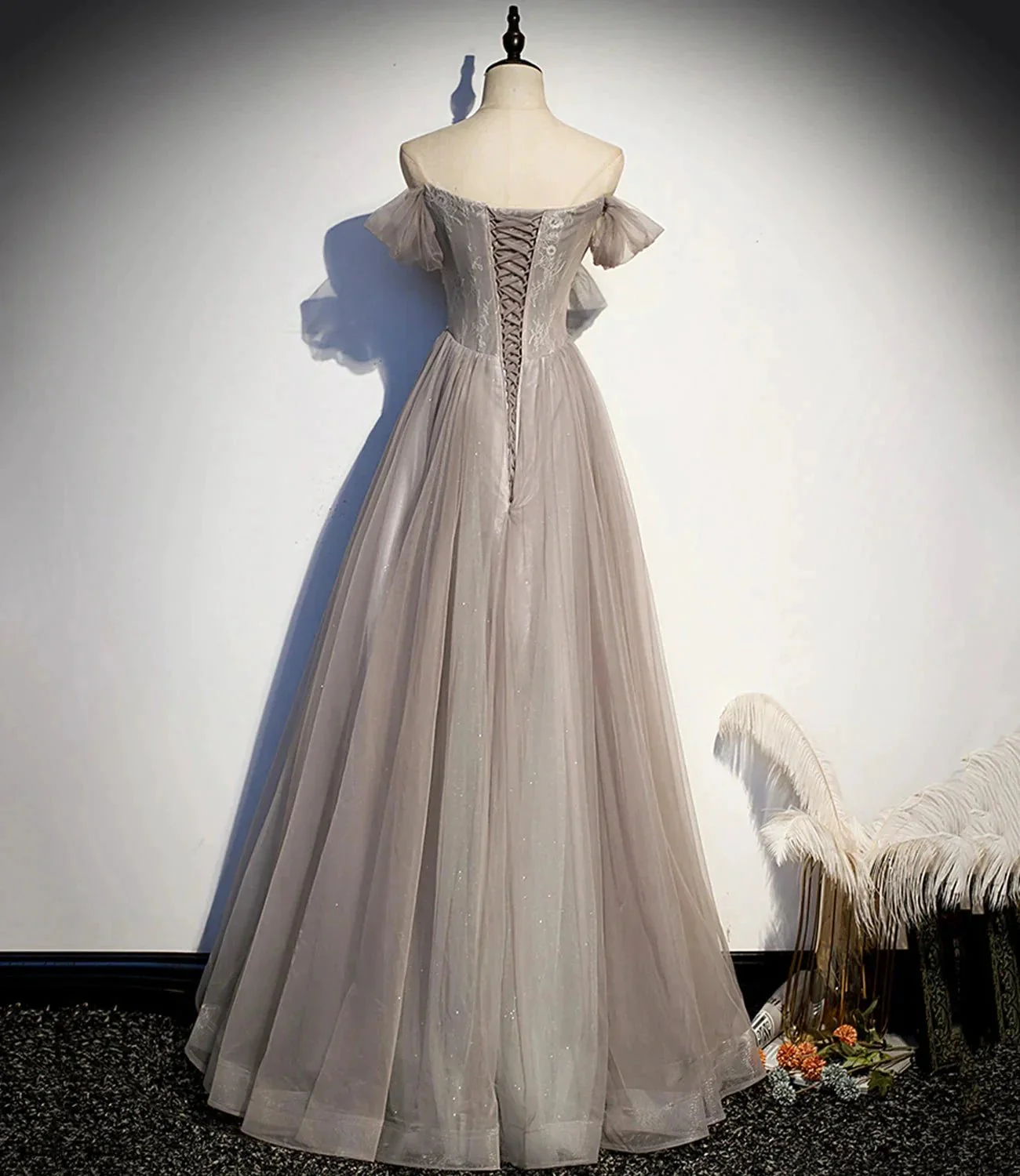 Elegant tulle lace long prom dress A line evening gown s67 - Image 4
