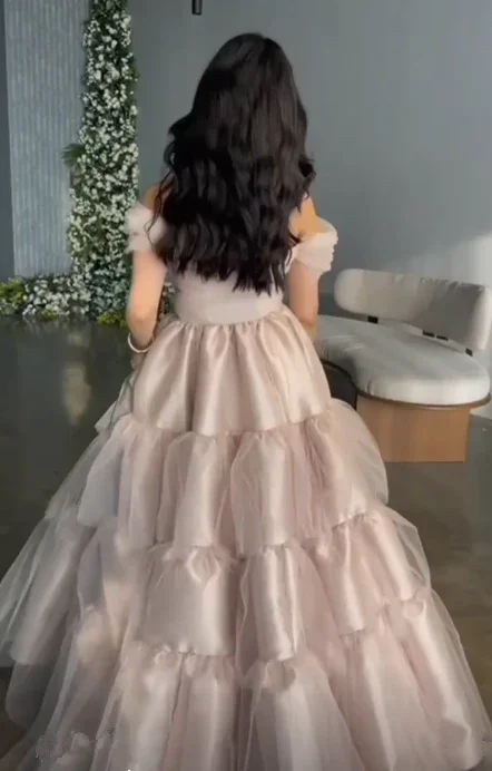 Elegant Tulle Satin Ball Gown Off The Shoulder Layered Prom Dress Y7633 - Image 2