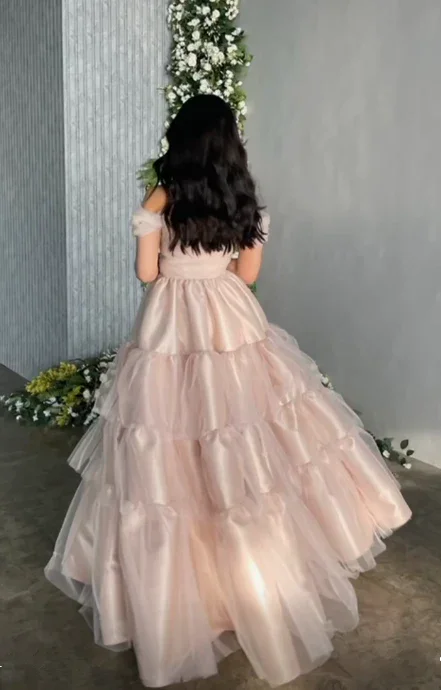 Elegant Tulle Satin Ball Gown Off The Shoulder Layered Prom Dress Y7633 - Image 3