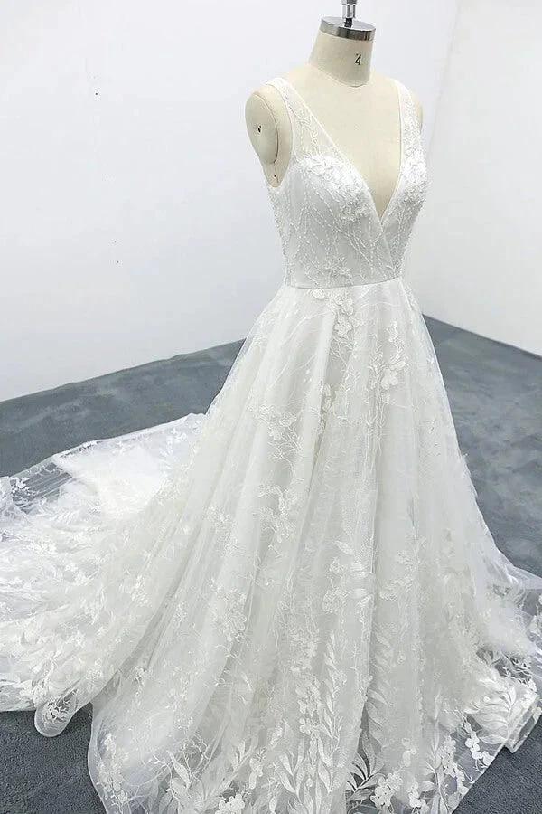 Elegant V-neck Appliques Tulle A-line Wedding Dress - Image 2