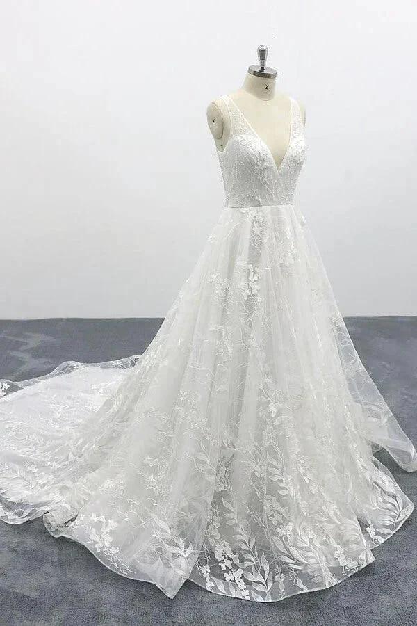 Elegant V-neck Appliques Tulle A-line Wedding Dress - Image 5