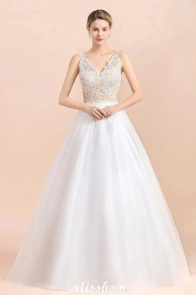 Elegant V-Neck Floral Lace A-line Wedding Dress Beach Sleeveless Tulle Church Dress - Image 3