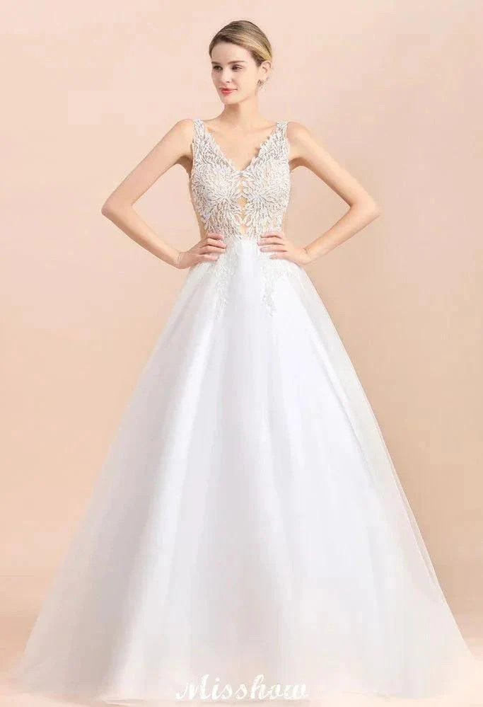 Elegant V-Neck Floral Lace A-line Wedding Dress Beach Sleeveless Tulle Church Dress - Image 4
