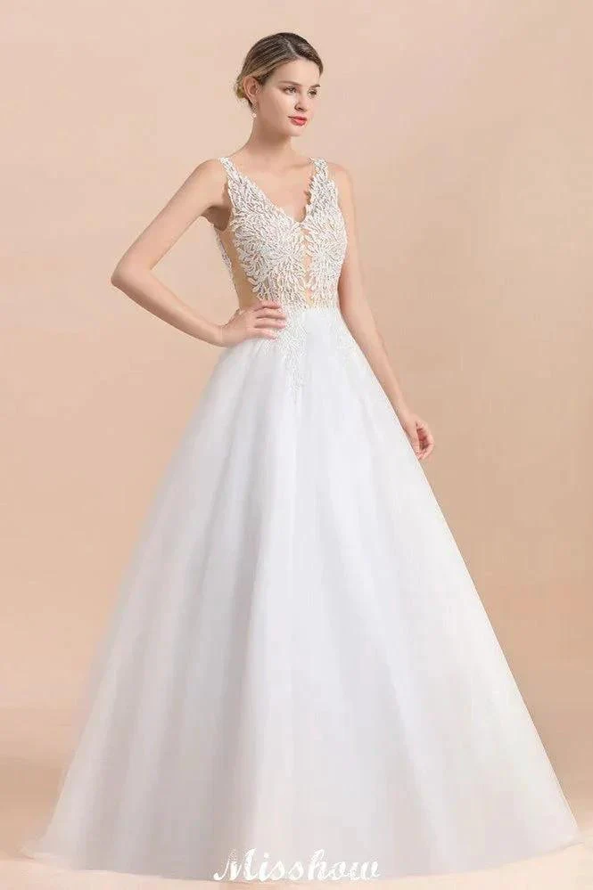 Elegant V-Neck Floral Lace A-line Wedding Dress Beach Sleeveless Tulle Church Dress - Image 5