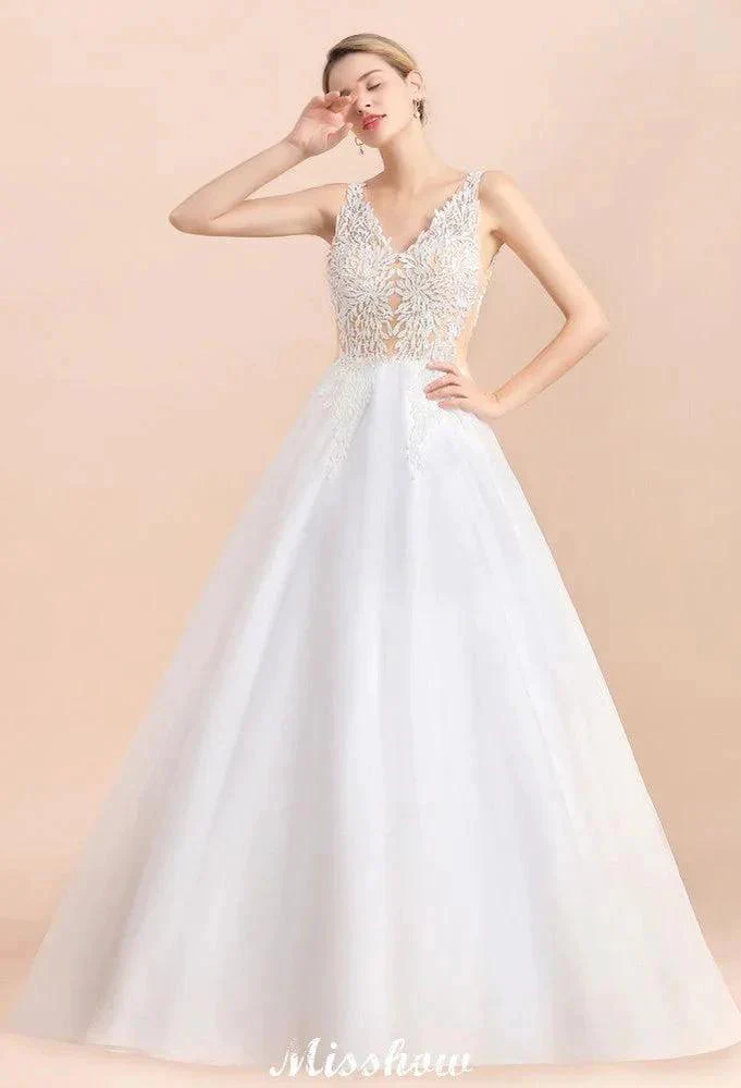 Elegant V-Neck Floral Lace A-line Wedding Dress Beach Sleeveless Tulle Church Dress - Image 6