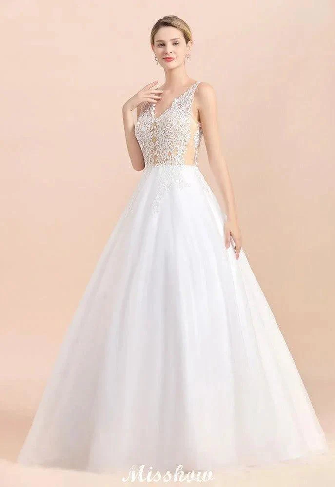 Elegant V-Neck Floral Lace A-line Wedding Dress Beach Sleeveless Tulle Church Dress - Image 7