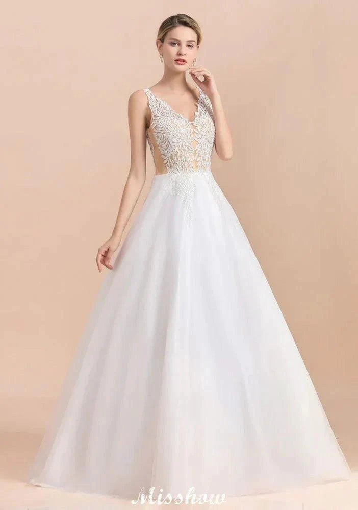 Elegant V-Neck Floral Lace A-line Wedding Dress Beach Sleeveless Tulle Church Dress - Image 8