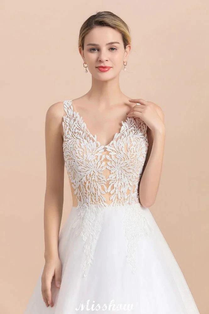 Elegant V-Neck Floral Lace A-line Wedding Dress Beach Sleeveless Tulle Church Dress - Image 9