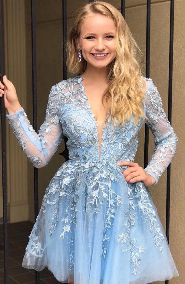 Elegant V-neck Lace Tulle A-line Short Prom Dress with Sleeves - Image 2