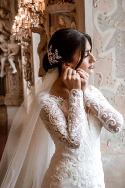 Elegant V-Neck Long-Sleeve Mermaid Floor-Length Lace Wedding Dresses with Chapel Trian - Image 2