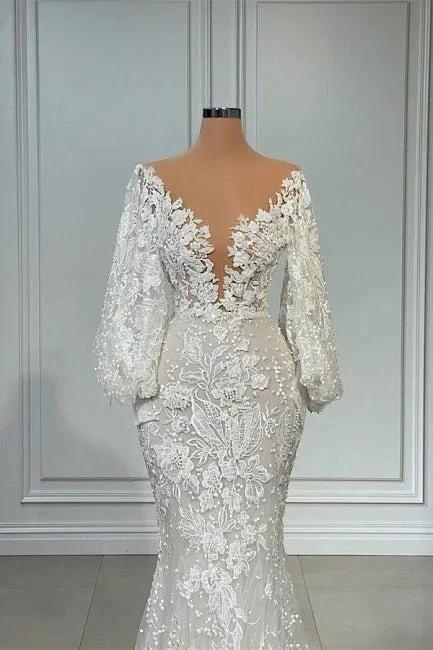 Elegant V-neck Long Sleeves Mermaid Lace Wedding Dress - Image 2