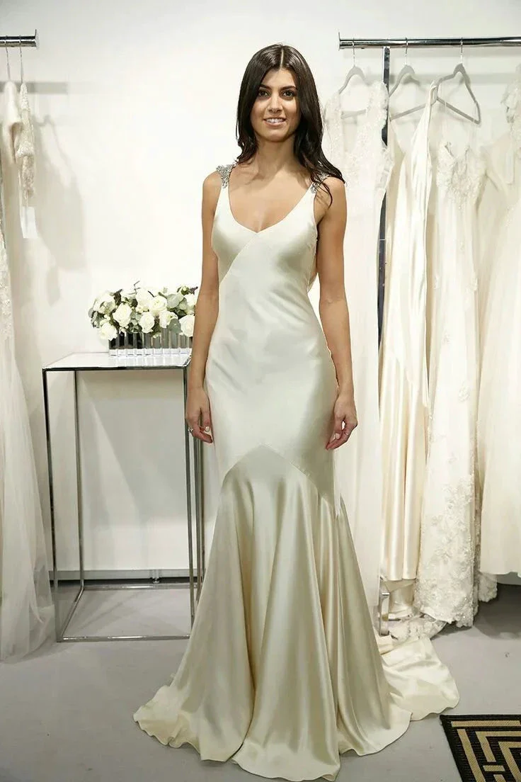 Elegant V Neck Memaid Evening Gown Satin Long Prom Dress With Beading Y7941 - Image 2