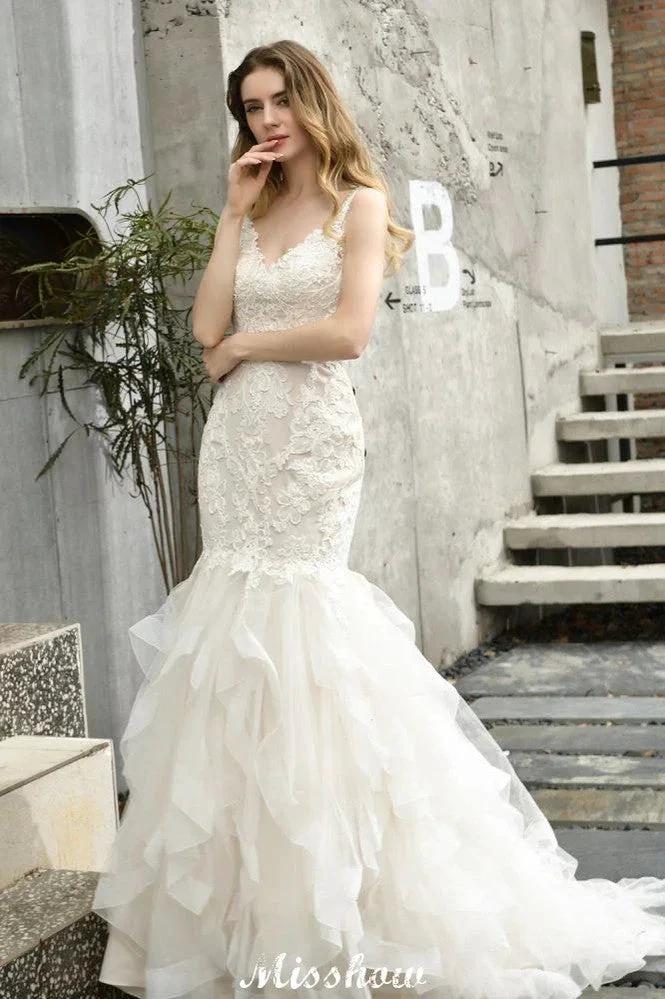 Elegant V-Neck Mermaid Bridal Gown Tulle Lace Appliques Puffy Wedding Dress - Image 10