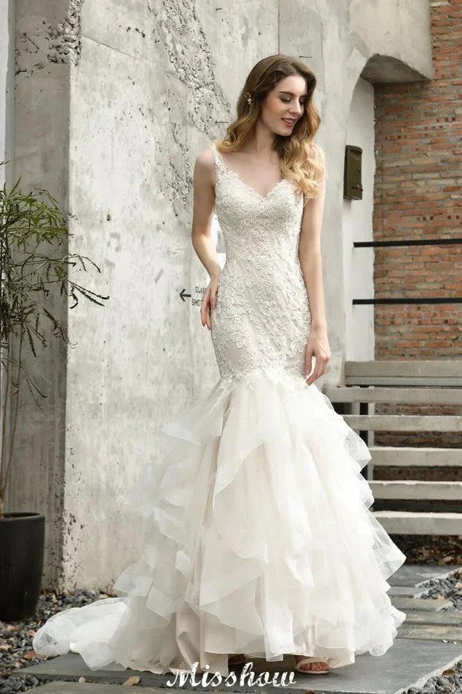 Elegant V-Neck Mermaid Bridal Gown Tulle Lace Appliques Puffy Wedding Dress - Image 2