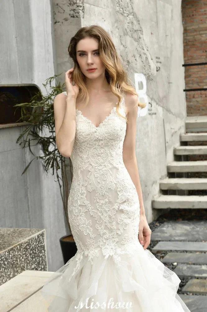 Elegant V-Neck Mermaid Bridal Gown Tulle Lace Appliques Puffy Wedding Dress - Image 3