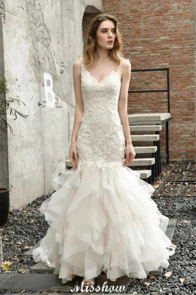 Elegant V-Neck Mermaid Bridal Gown Tulle Lace Appliques Puffy Wedding Dress - Image 4
