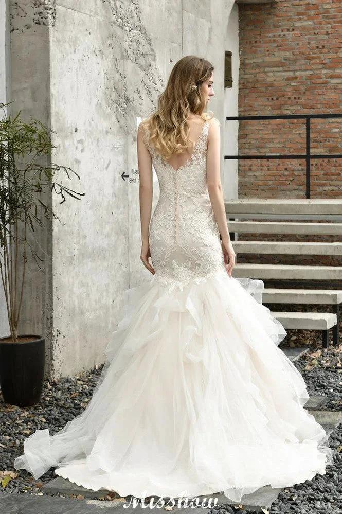 Elegant V-Neck Mermaid Bridal Gown Tulle Lace Appliques Puffy Wedding Dress - Image 5
